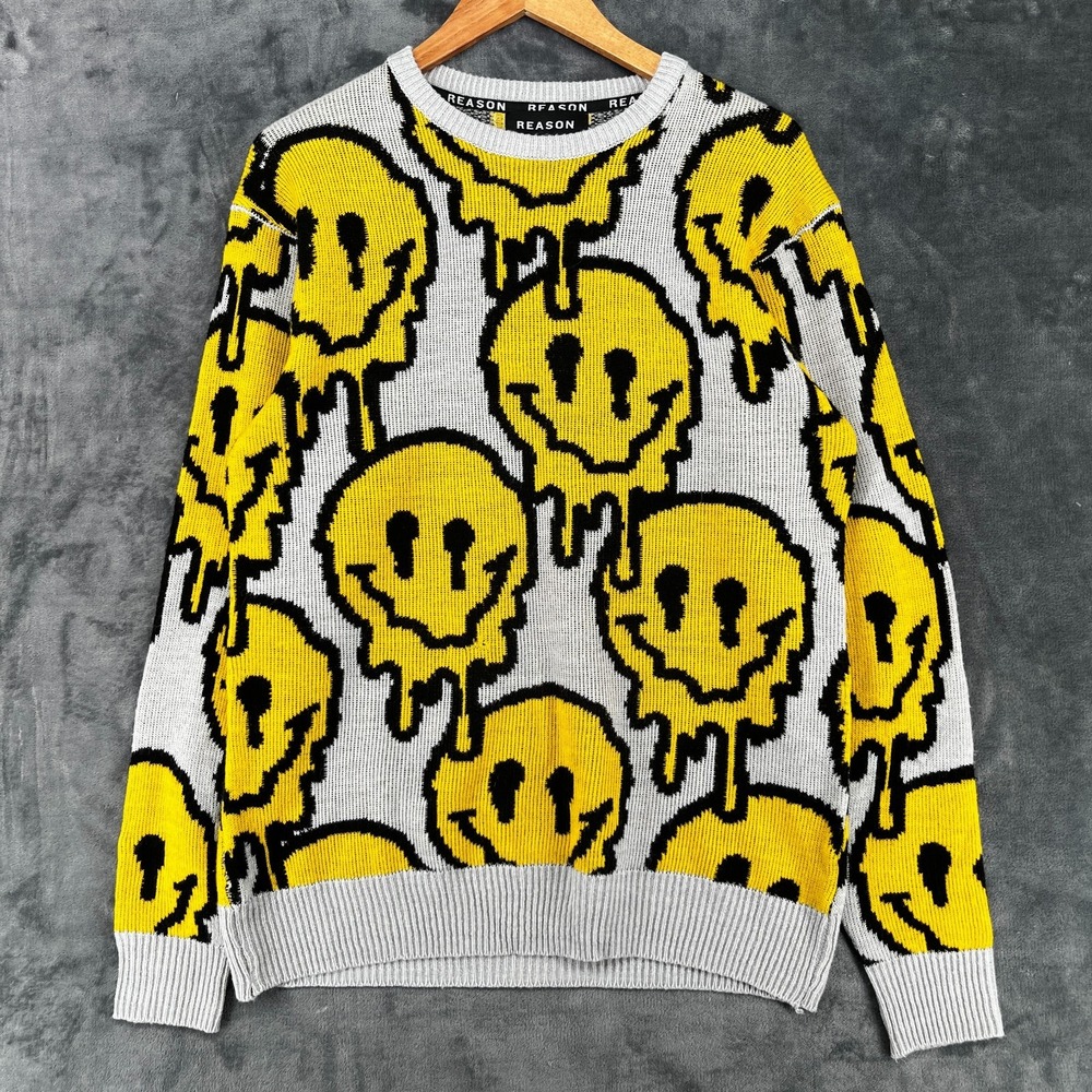Reason Clothing Big Drip Melting Smiley Face Sweater Men's Large Knit